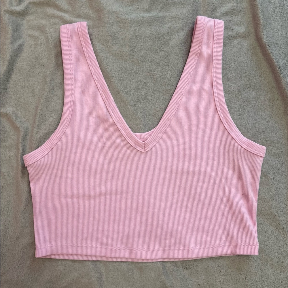 Pink Ribbed V-Neck Crop Top